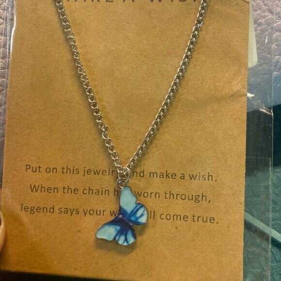 Marbled Blue Butterfly Make a Wish Necklace - Picture 2 of 2